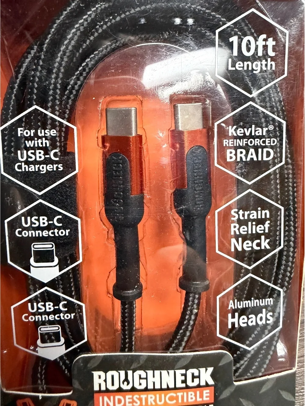 10ft Roughneck USB-C to USB-C Cable 2.4A Indestructible Heavy Duty Cord
